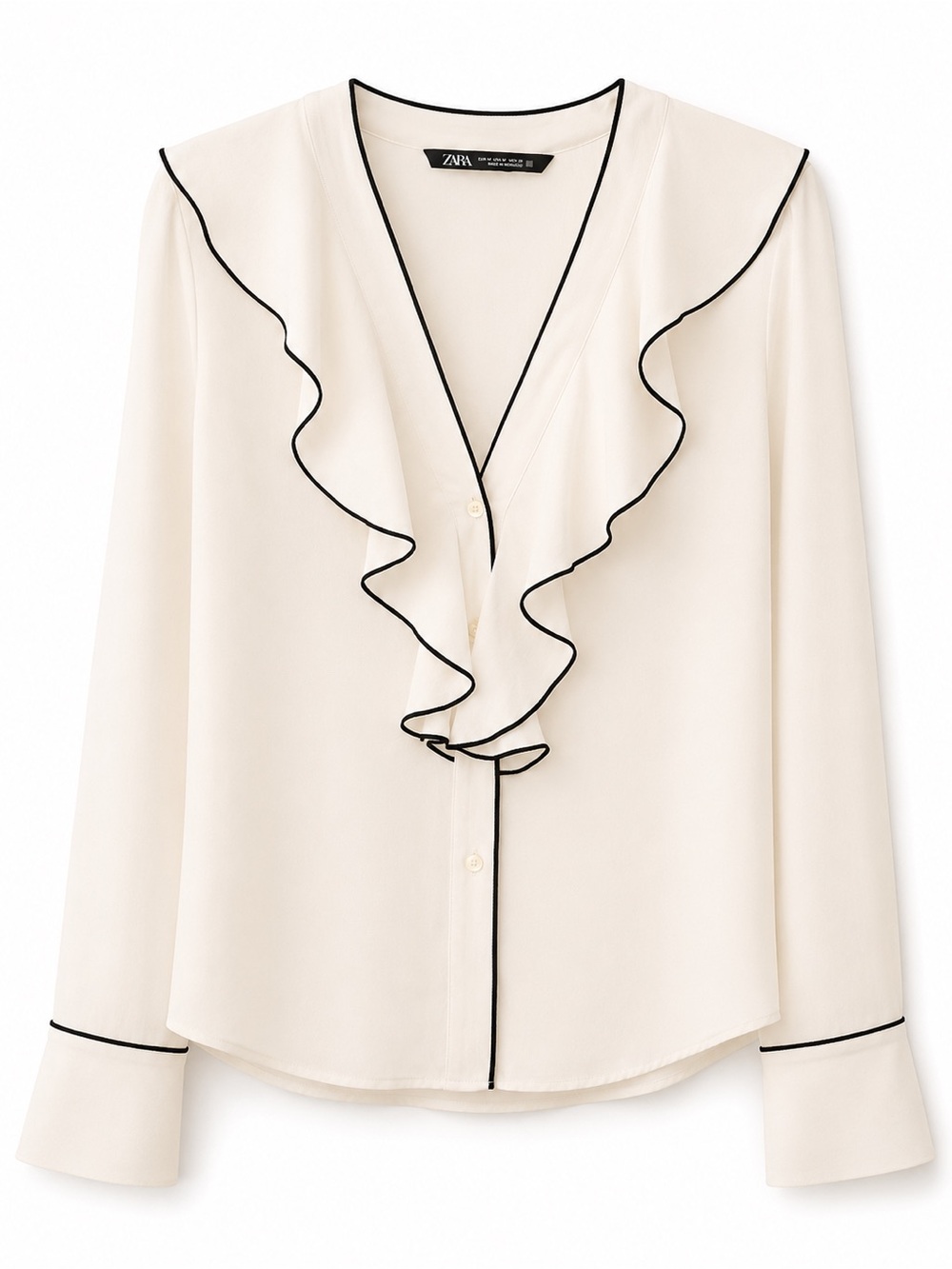 Zara Ivory Ruffle Blouse with Black Piping – Size Medium